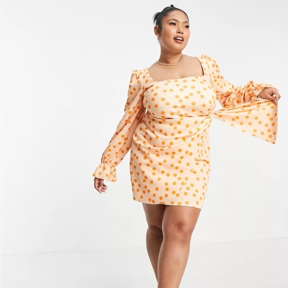 NWT ASOS Curve Square Neck Long Sleeve Wrap Mini Dress Orange Polka Dot